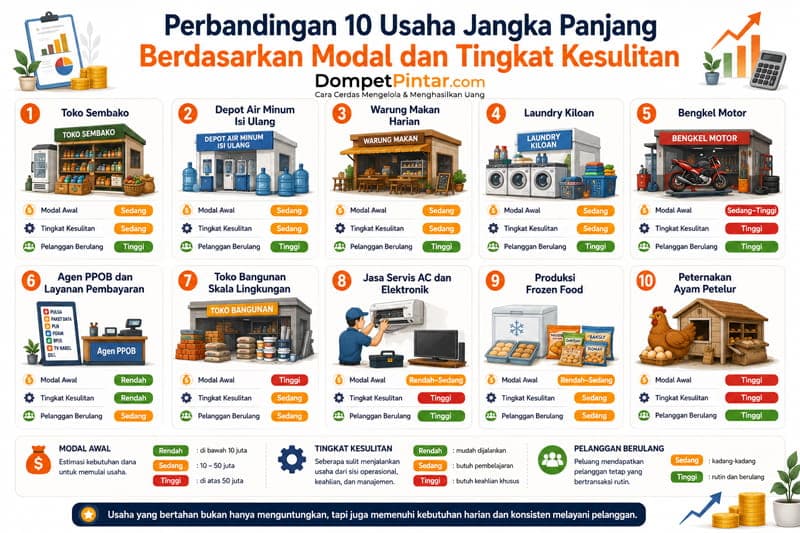 Perbandingan 10 Usaha Jangka Panjang Berdasarkan Modal dan Tingkat Kesulitan