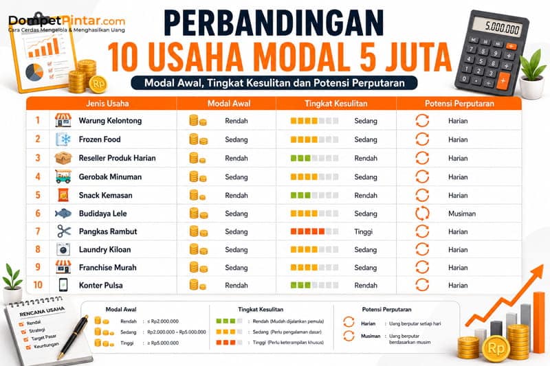 Perbandingan 10 Usaha Modal 5 Juta Berdasarkan Modal Awal, Tingkat Kesulitan dan Potensi Perputarannya