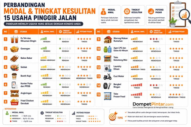 Perbandingan Modal dan Tingkat Kesulitan 15 Usaha Pinggir Jalan